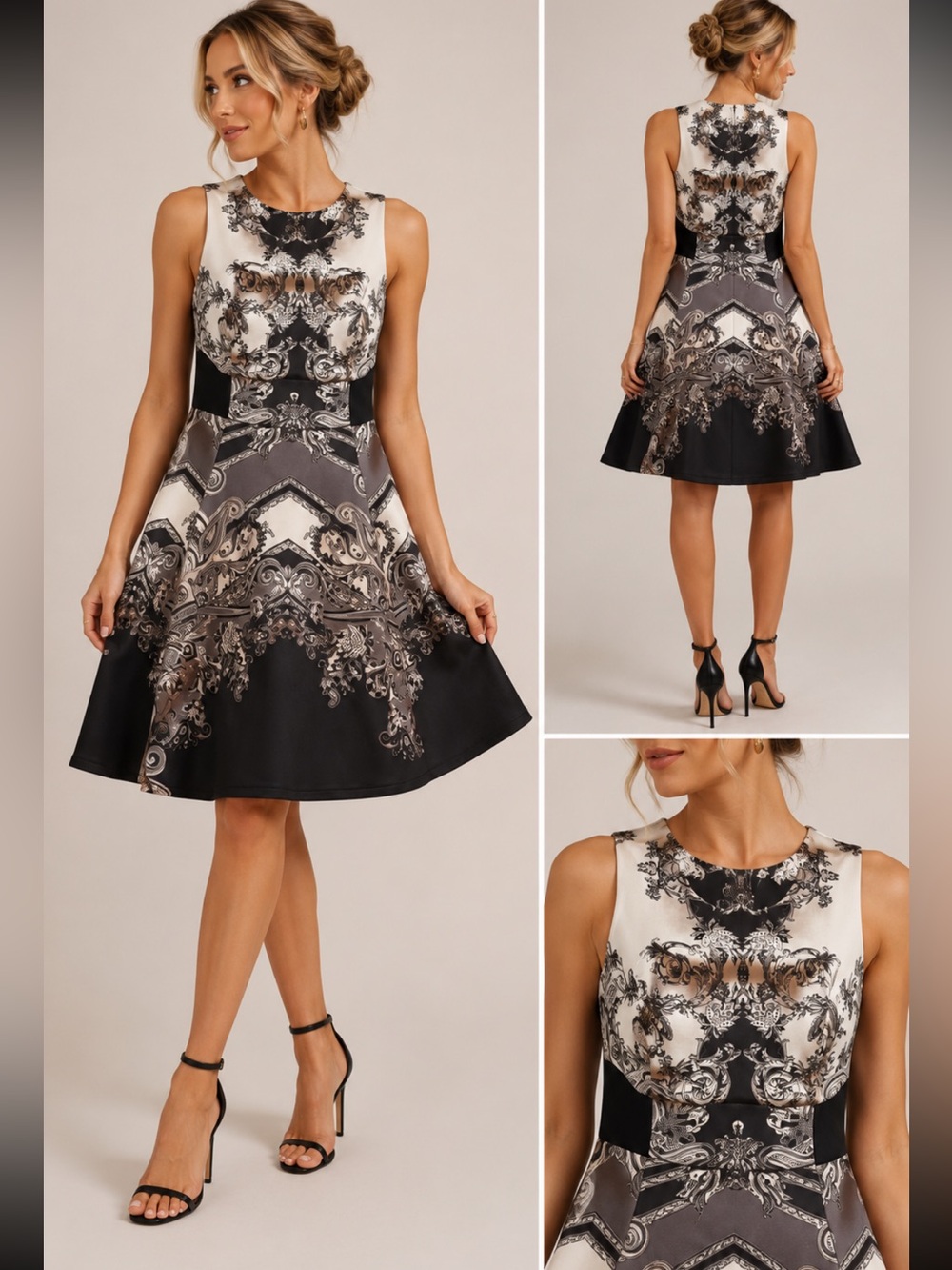 Nicole Miller Artelier Fit & Flare Dress Size 4 Black White Baroque Print